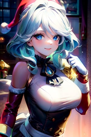 ultra detailed, masterpiece, best quality, solo, soft smile, light smile, look at viewer, 
1girl, blue eyes, medium breasts,  mature girl, lora:cute_maid-1.0:1, christmas scenery, furinadef,maid,Santa Claus,fantasy00d