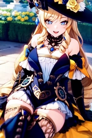 (extremely detailed CG), masterpiece, (best quality), 1girl, perfect face, bright pupils, (finely detailed beautiful eyes), looking_at_viewer, wide hips, narrow waist, NaviaGenshin, very long hair, large breasts,hat, bare shoulders, dress, jewelry, detached sleeves, gem, elbow gloves, thighhighs, thigh boots, flower garden scenery, smile, open_mouth, lying_down, mature_woman