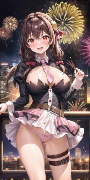1girl, happy expression, red eyes, ((many fireworks explode over a city skyline)) , best quality, masterpiece, large breasts, beautiful faces, half body, yunyun
