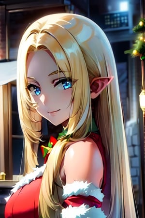 ultra detailed, masterpiece, best quality, solo, soft smile, light smile, look at viewer, 
1girl, elf ears, blonde hair, blue eyes, large breasts,  mature girl,  christmas scenery, Santa Claus,fantasy00d,alpha