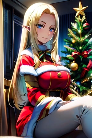 ultra detailed, masterpiece, best quality, solo, soft smile, light smile, look at viewer, 
1girl, elf ears, blonde hair, blue eyes, large breasts,  mature girl,  christmas scenery, Santa Claus,fantasy00d,alpha