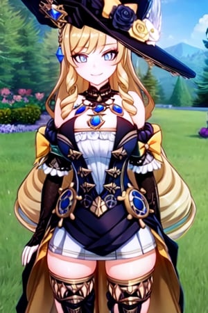 (extremely detailed CG), masterpiece, (best quality), 1girl, perfect face, bright pupils, (finely detailed beautiful eyes), looking_at_viewer, wide hips, narrow waist, NaviaGenshin, very long hair, large breasts,hat, bare shoulders, dress, jewelry, detached sleeves, gem, elbow gloves, thighhighs, thigh boots, flower garden scenery, smile, walking, mature_woman