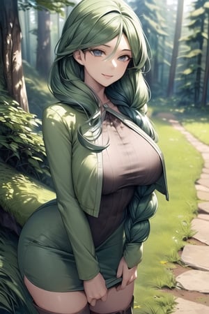 ((best quality)), ((highly detailed)), ((masterpiece)), detailed face, beautiful face, (detailed eyes, deep eyes), 1girl, solo, looking to viewer, Cheryl, smile, light gray eyes, long green hair, single braid hair over shoulder, large breasts, green jacket, long dress, boots, standing, forests scenery, Pokemon ,Cheryl 