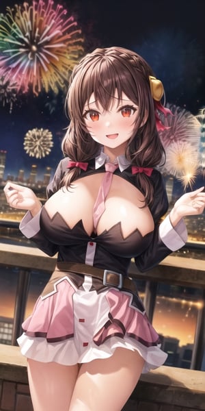 1girl, happy expression, red eyes, ((many fireworks explode over a city skyline)) , best quality, masterpiece, large breasts, beautiful faces, half body, yunyun