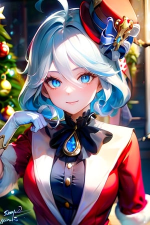 ultra detailed, masterpiece, best quality, solo, soft smile, light smile, look at viewer, 
1girl, blue eyes, medium breasts,  mature girl, lora:cute_maid-1.0:1, christmas scenery, furinadef,maid,Santa Claus,fantasy00d