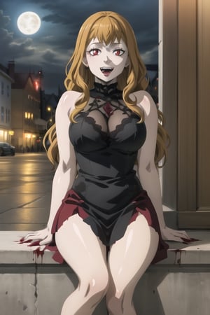 Highly detailed, High quality, Masterpiece, Beautiful, high detailed, high detailed background, (long shot), scenary, city, night sky, full moon, Anime, one girl, solo, night black dress, bare shoulders, high heels, leg slit dress, slim, big breasts, smile, open mouth, vampire fangs, blood dripping from mouth, red eyes, red lips, expressionless, red lips, looking_at_viewer, arms at sides, sexy vampire girl, vampire, long hair,Vampire ,mimosa vermillion, close up, sitting, looking_at_viewer