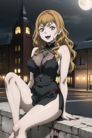 Highly detailed, High quality, Masterpiece, Beautiful, high detailed, high detailed background, (long shot), scenary, city, night sky, full moon, Anime, one girl, solo, night black dress, bare shoulders, high heels, leg slit dress, slim, big breasts, smile, open mouth, vampire fangs, vampiric, blood dripping from mouth, red eyes, red lips, expressionless, red lips, looking_at_viewer, arms at sides, sexy vampire girl, vampire, long hair,Vampire ,mimosa vermillion, close up, sitting