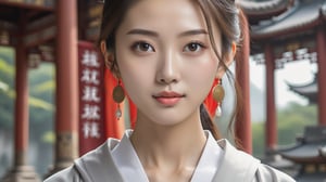 (Ultra realistic), best quality, (a beautiful skinny Chinese girl facing the audience Keep it straight,in light gray Buddhist robe:1.35), masterpiece, vivid and detailed face, (upper half body art :1.2), (clear and bright big eyes :1.1), dynamic pose, using the best artificial intelligence algorithm to generate pictures, Ultra HD, 32K, ultra realistic, dramatic, High detail, more detail,Buddhist temple background,