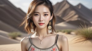 (Ultra realistic), best quality, (a beautiful skinny Chinese girl facing the audience in summer fashionable clothes:1.35), masterpiece, vivid and detailed face, (upper half body art :1.2), (clear and bright big eyes :1.1), dynamic pose, using the best artificial intelligence algorithm to generate pictures, Ultra HD, 32K, ultra realistic, dramatic, High detail, more detail,desert background,