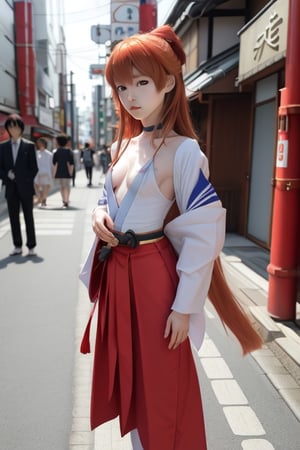 asuka Langley jones, Long legs, small breasts,, red hair, long hair, round face, high definition, standing, wearing traditional Japanese samurai clothes, carrying a katana, Tokyo street