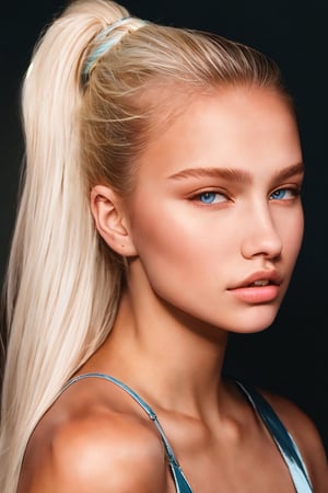 Portrait, photograph, 19-year-old Eastern European model, oval jaw, delicate features, innocent face, long white hair in a ponytail, pale blue eyes, HRAIN,BEAUTY,perfect split lighting,1girl