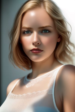 (Editorial Medium full body shot:1.2)(face in frame), (Best quality,1.3)(8k, 32k, Masterpiece, UHD:1.2) ((Portrait))(hyperrealistic:1.4)(photorealistic:1.2)(Intricate Detail, Hyper-Detailed:1.1)

blonde, bob hair, blue eyes, white shirt, covered_nipples,

 tiny symetrucal breasts, shiny skin, full body,  