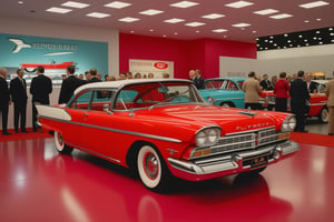 1 car, A photo realistic image of a four-door  (((1958 Plymouth Fury))) in showroom, new, condition on display at the 1958 trade show, the car is painted metallic candy-apple red and reflects light admireously to the perspective buyers, it is on a raised platfform with people standing around the exhibit in 1958 fashions,  the chrome features reflect light effectively, focus on the intricate details the immaculate paint job, the new and spotlessly clean white wall tyres,   and the aged textures of the metal body. Use the multi-prompt "car::photorealistic::reflect" , car,photo r3al,<lora:659095807385103906:1.0>