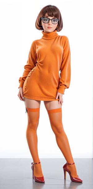 score_9,score_8_up,score_7_up, Velma, 1girl, shortbrown_hair, brown_eyes. wearing  orange cropped sweater dress,  stockings, heels, posing, sexy pose