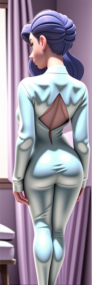 1girl, 18 years old, dark_willow, ((rear view)))(from behind, behind shot:1.3)
(An intimidating back view)(viewed from behind:1.3)((back, buttocks:1.4))(back shot:1.3),
, 185cm tall, side view, face to viewer, cooling, see to top, golden hair, medium length hair, white glossy catsuit,  intricate printing pattern, small breast, perky nipple, bedroom background, standing, full body,1girl  on background,  masterpiece,rubbersuit02,lora:659111690174031528:1.0,perfect light, lora:659111690174031528:1.0,<lora:659111690174031528:1.0>