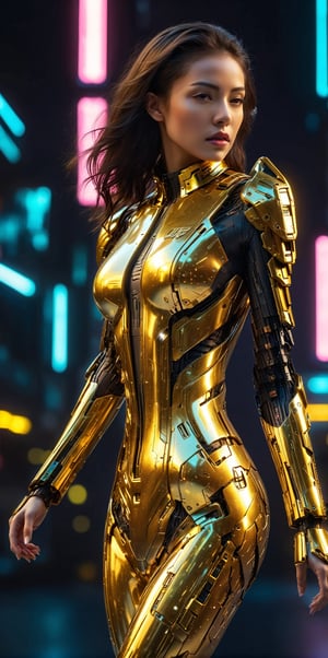 score_9, score_8_up, score_7_up, score_6_up, score_5_up, score_4_up, cyberpunk theme, golden armored female, neon-lit cityscape, high-tech aesthetics, reflective gold surfaces, night-time urban setting, vibrant color palette, dynamic action pose(feminine_bodyfigure)(Beauty photography:1.3)focus on the face,
(beautiful, beautiful :1.2)
((ethereal breathtakingly beautiful:1.2))
(pureerosface_v1: 0.5)
(Exquisitely detailed symmetrical face)(((nice model body))   (((perfect anatomy)))(background is true black rgb 0,0,0,
)
