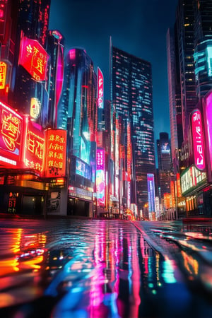 the cityscape of the Ebisubashi Bridge, at Dōtonbori in Osaka, Japan, at night, with towering skyscrapers and neon lights reflecting off wet pavement. 

 The futuristic metropolis's skyline is ablaze with holographic advertisements, casting an otherworldly glow.