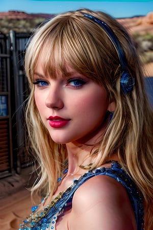(hyperrealistic:1.4)(photorealistic:1.2) blonde, blue eyes, Taylor Swift, as photographed on the cover of the album "reputation" by "Big Machine Records", background is Australian outback, 