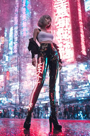 Photorealistic (32k UHD) ultra-sharp, luminescent futuristic holographic hyperrealistic, Intricate (fine details)(masterpiece)(full body shot) (shot from the front:1.2)(slim waist)(very_long_legs:0.8)(very small breast:1.7)(Perfect figure, body standing)Japanese city of Akihabara, photo has no sky, background of only skyscrapers,  3D rendering, stunning Anime fashionpunk, beautiful Japanese woman, A line haircut, tall, slim, fashionpunk, silver and mirrachrome clothing that reflects the neon lights, full chrome leggings, sleeveless, future luminescent neon holographic, hyper realistic, skyscrapers, a  Street at night-time, Red, green, Blue neon streetlights everywhere, pedestrians everywhere, maximum contrast, maximum texture, depth, post-processing, neon photography style,ByteBlade,neon style,cyber