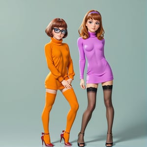 2_girls,Scooby Doo characters, girl 1, Daphne Blake and Velma Dinkley,  Daphne has long red_hair, brown_eyes. ,wearing purple mini dress , black stockings covering all of her legs, high heels, different pose, girl 2, Velma has  shortbrown_hair, brown_eyes. wearing orange baggy sweater, black skint that covers the darker area of her upper stockings, heels, posing, sexy pose, different pose,