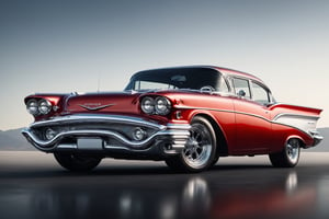 Photo of a highly modified 1957 Oldsmobile 2 door sedan, color is Dodge Stryker Red and it shines unmeasurably, the reflections are unstopable, the roof is white, and the rear side-wing is white, the body has been modified so both the front and rear wheels extend past the cars body, the car is in a car show, with people everywhere, there is a chrome blower extending from the engine through a hole in the bonnet, the front bumper chrome is intensely reflecting light, 
,ral-chrome

((8k, RAW photo, highest quality, UHD Masterpiece:1.2), High detail RAW colour photo professional photo,
(realistic:1.5)(photorealistic:1.2)( photo-realistic:1.37)(hyperrealistic:1.4)ultra realistic illustration,	realism pushed to extreme,
extremely defined blacks(rgb 0,0,0,)extremely high contrast, volumetric light, volume (sharp focus) (perfect focus:1.2)(Bright and intense:1.2)(perfect focus:1.2)(perfect lighting)

,ral-chrome