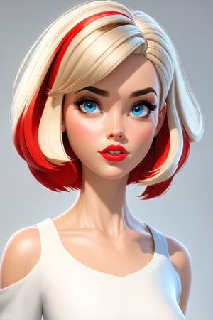 score_9, score_8_up, score_7_up, 3d toon style,1girl,solo, upper body,looking at viewer, white background, bob cut, short hair, blonde hair, makeup , parted lips, red lips, mascara,  eyeliner, blue eyes