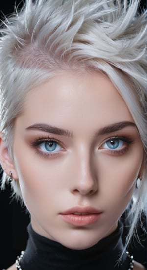 score_9, score_8_up, score_7_up, 1girl, pale blue eyes, white hair, punk hairstyle, Perfect lighting, black background,  portrait, use of negative space, spectral, close-up, detailed eyes, detailed mouth, ,ohwx woman