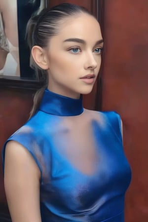 score_9, score_8_up, score_7_up, hyperrealistic, a masterpiece, A side profile of a young woman dressed in a vibrant blue dress. The dress has a high neck and long sleeves. The woman has a sleek hairstyle, with her hair pulled back into a tight ponytail, On the right side of the image, there's a vertical color gradient bar that transitions from a light shade at the top to a deeper shade at the bottom.