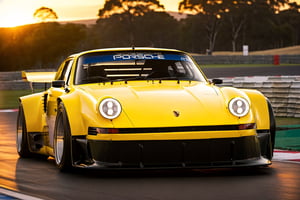 Porsche 934 concept,evening, Canary Yellow,driving a car,Circuit de Bathurst,