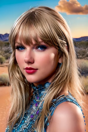 (hyperrealistic:1.4)(photorealistic:1.2) blonde, blue eyes, Taylor Swift, as photographed on the cover of the album "reputation" by "Big Machine Records", background is Australian outback, 