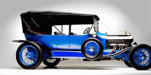 customized model T ford in a photo studio, one metre wide rear tyres on chrome wide mag wheels that extend out from the car body,  front tyres are the same with a smaller diametre that are 50cm wide, visable chrome exhaust pipes, engine blower with large chrome scoop extending from on top of the centre of the blue engine