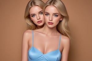 2girls,twins, side by side(Editorial Medium full body shot:1.2)Photorealism(face in frame)(natural dropping breast)(very small breast:1.7)(masterpiece)(perfect composition)(Best quality, 8k, 32k, Masterpiece, UHD:1.2)(Beautiful blonde:1.2)(symmetrical pale blue eyes)  in blue slit cut flowing dress, realistic light blue eyes, 20 year old, georgous eyes, realistic eyes, 
standard "blonde highlights" on her hair,  ,((((( grainy cinematic, fantasy vibes godlyphoto r3al,detailmaster2,aesthetic portrait, cinematic colors, earthy , moody, )))))), Vogue,Face makeup, raw realistic potarait ,Glossy finish,<lora:659095807385103906:1.0>