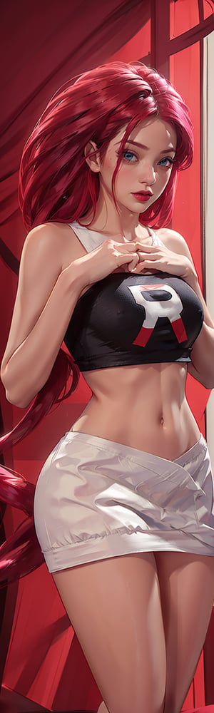 ((masterpiece, best quality)), jessie, pokemon,white top with red letter R, white skirt, pikachu background,sexy,curvy body,detailed face,perfect eyes,detailed hands,hands up,light background,mix of fantasy and realistic elements,vibrant manga,uhd picture , crystal translucency, vibrant artwork,jessie\(pokemon\) photoreapistic, photo, , realistic,wo_p3rfb0dy01