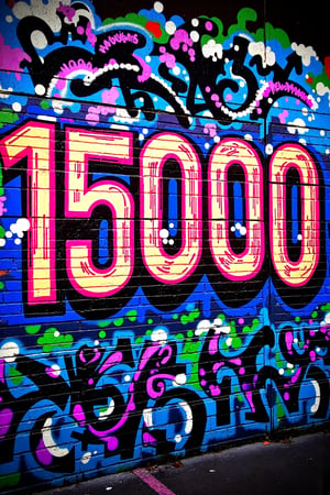 A graffiti wall with "15000" written in bold letters with neon spray tint, inspired by Banksy,  miraculous,  aerosol art, neon highlights (triadic colors:1.2),comic book,masterpiece,Text,graffitiXL