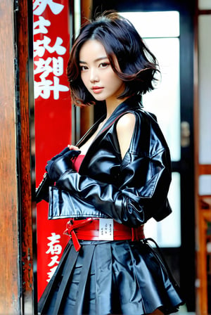 score_9, score_8_up, score_7_up, 1girl, a beautiful japanese girl, cpysd, short hair,  jacket, cleavage cutout, large breast, , aiguillette, black gloves, belt, pleated skirt, pantyhose, feminine, , source_photo,  photography, realistic, hyperrealistic, ultrarealistic, ulzzang, absurdres, depth of field, viewed from below