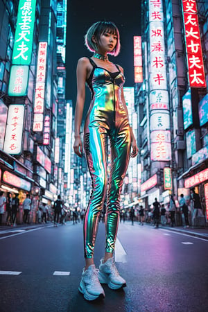 Photorealistic (32k UHD) ultra-sharp, luminescent futuristic holographic hyperrealistic, Intricate (fine details)(masterpiece)(full body shot) (shot from the front:1.2)(slim waist)(very_long_legs:0.8)(very small breast:1.7)(Perfect figure, body standing)Japanese city of Akihabara, photo has no sky, background of only skyscrapers,  3D rendering, stunning Anime fashionpunk, beautiful Japanese woman, A line haircut, tall, slim, fashionpunk, silver and mirrachrome clothing that reflects the neon lights, full chrome leggings, sleeveless, future luminescent neon holographic, hyper realistic, skyscrapers, a  Street at night-time, Red, green, Blue neon streetlights everywhere, pedestrians everywhere, maximum contrast, maximum texture, depth, post-processing, neon photography style,ByteBlade