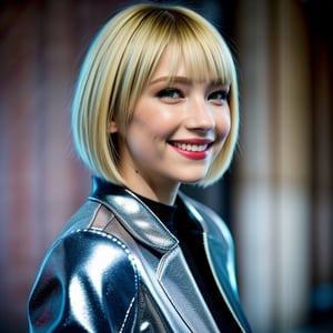 wo_haleyben01 a woman, head_portrait with medium bob cut hair, blonde,  shiny jacket, looking straight to the camera, (big smile:1.2), 8k, high_res, high quality, professional photography, masterpiece, hdr,ora:659111690174031528:1.0,<lora:659111690174031528:1.0>