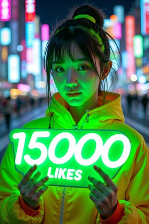 score_9, score_8_up, score _7_up, a South Korean K-pop girl poses against a neon-lit backdrop of the cityscape of the Ebisubashi Bridge, at Dōtonbori in Osaka, Japan, at night, 
her neon clothing radiating energy, Her unique hairstyle stands out amidst the kaleidoscope of neon colors. With a radiant smile, she holds a neon sign "15000 Likes" in Lime Green, with Lime Green ambient light surrounding the sign , Photo-realistic details bring the subject to life in this technicolor dreamscape.,SKP-highly detailed,Enhanced all