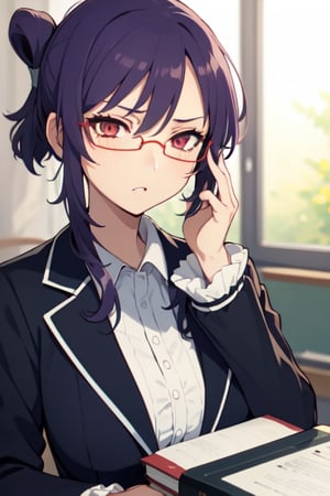 suzune, purple_hair,red_eyes, red glasses, white_shirt, black suit, teacher