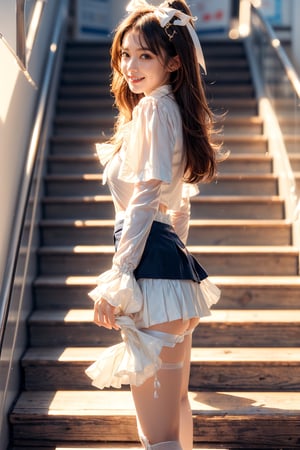 (((blue-sky、A smile、In the office、In the company、Climbing stairs、from side、up skirt)))、(In a blouse with white ruffles、Navy pencil skirt、shortsleeves:1.5)、Pretty Girl VN02, 1girl in, Solo, masutepiece, 1girl in, best qualtiy, Ultra Detail, (shiny), Small、with blush cheeks, Ray tracing,Perfect Lighting, (milky skin:1.2),reflection,  up looking_で_viewer, blush, bow ribbon, Medium Curl Hair、yellow_Eyes, White lace pantyhose, Bag, White choker, Low_Twin-tailed、Japan's cutest 28-year-old beautiful girl、Small ribbons in the hair