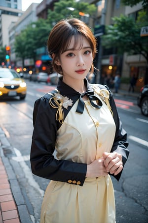 (masterpiece), best quality:1.2, high_res, soft lines and shapes, niji, 1girl, most beautiful korean girl, Korean beauty model, stunningly beautiful girl, gorgeous girl, over sized eyes, big eyes, smiling, looking at viewer, ((Cowboy Shot: 1.5)), short layered hairstyle, super cute blond woman in a dark theme, bokeh, depth of field, urban, city, {{wearing red and white combination kebaya}} ,outdoors,masterpiece