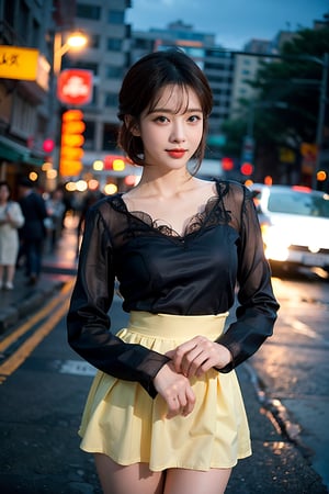 (masterpiece), best quality:1.2, high_res, soft lines and shapes, niji, 1girl, most beautiful korean girl, Korean beauty model, stunningly beautiful girl, gorgeous girl, over sized eyes, big eyes, smiling, looking at viewer, ((Cowboy Shot: 1.5)), short layered hairstyle, super cute blond woman in a dark theme, bokeh, depth of field, urban, city, {{wearing sexy red and white combination kebaya}} ,outdoors,masterpiece