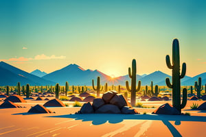 shadow flat vector art, masterpiece, 8k, highest quality, painting of 1 saguaro cactus in the desert. The text will use the wonderful colors of a desert sunset, retro style, linear design, linear drawing, vintage, golden sunset background, geometrical, ,neolight 