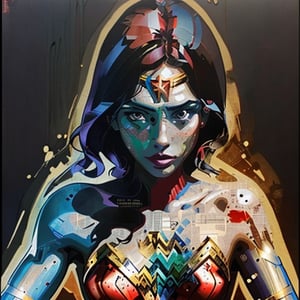 wonder woman ,half body, erotic, photo collage
, potcoll, uhd,hdr, prismatic colors, feminism