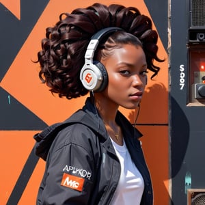 (masterpiece:1.1), (highest quality:1.1), (HDR:1.0), abstract 1998 african hairstyle hiphop girl in recording in studio headphones on singing into mic by sachin teng x supreme, attractive, stylish, designer, black, asymmetrical, geometric shapes, graffiti, street art,aw0k euphoric style,photo r3al