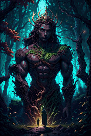 a scene where a tall and athletic dark skin man ( god of the forrest) , rising from the ground at an imposing height, flowing hair, magnificent crown,  encounters a young man significantly shorter than her. background theme is the dark forrest,  beautiful green and and gold tones, Explore the dynamics of their interaction, capturing the contrasts in physicality and perhaps delving into the unexpected connection or conflict that arises between the two characters. Consider how their respective statures influence their dialogue, body language, and the overall atmosphere of the encounter, 8k, interactive image, highly detailed, .,sciamano240,fantasy00d