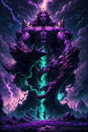 a scene where a tall and athletic dark skin man ( god of the storm) , rising from the ground at an imposing height, flowing hair, magnificent crown,  encounters a young man significantly shorter than her. background theme is lightning storm,  beautiful purple and gold and green tones, Explore the dynamics of their interaction, capturing the contrasts in physicality and perhaps delving into the unexpected connection or conflict that arises between the two characters. Consider how their respective statures influence their dialogue, body language, and the overall atmosphere of the encounter, 8k, interactive image, highly detailed, .,sciamano240,fantasy00d