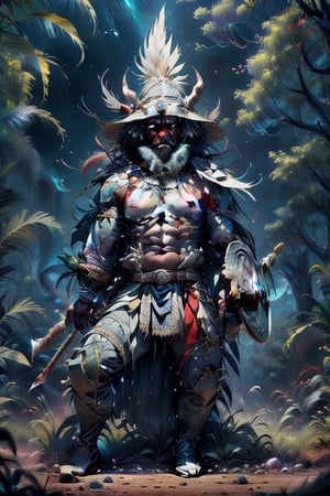 High detailed ,fantasy00d, aboriginal ( Australia) warrior hunting, spear, shield.

australian bush theme 
wide angle, full body shot,  