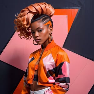 (masterpiece:1.1), (highest quality:1.1), (HDR:1.0), abstract 1998 african hairstyle hiphop girl in orange and pink out fit in a studio  setting by sachin teng x supreme, attractive, stylish, designer, black, asymmetrical, geometric shapes, graffiti, street art,aw0k euphoric style,photo r3al