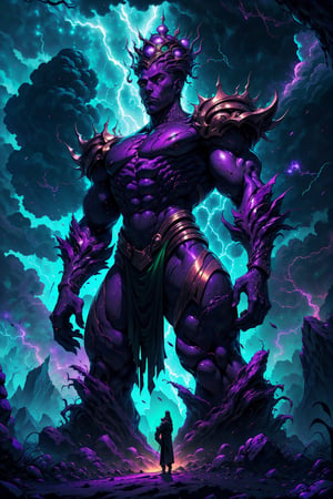 a scene where a tall and athletic dark skin man ( god of the storm) , rising from the ground at an imposing height, flowing hair, magnificent crown,  encounters a young man significantly shorter than her. background theme is lightning storm,  beautiful purple and gold and green tones, Explore the dynamics of their interaction, capturing the contrasts in physicality and perhaps delving into the unexpected connection or conflict that arises between the two characters. Consider how their respective statures influence their dialogue, body language, and the overall atmosphere of the encounter, 8k, interactive image, highly detailed, .,sciamano240,fantasy00d